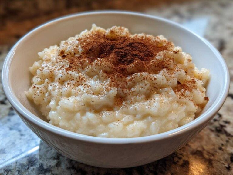 5-star rice pudding magic in under 45 min Close-up of creamy rice pudding in a white bowl, generously dusted with ground cinnamon.