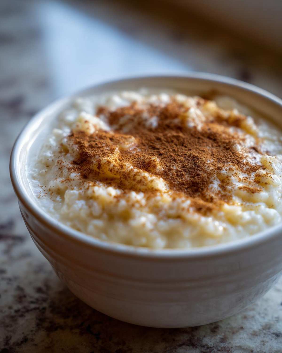 Close-up of a creamy rice pudding recipe in a white bowl, generously dusted with ground cinnamon.