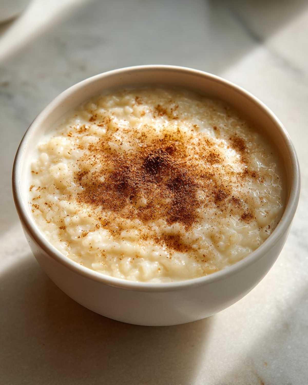 A close-up of a creamy bowl of rice pudding recipe topped generously with ground cinnamon.