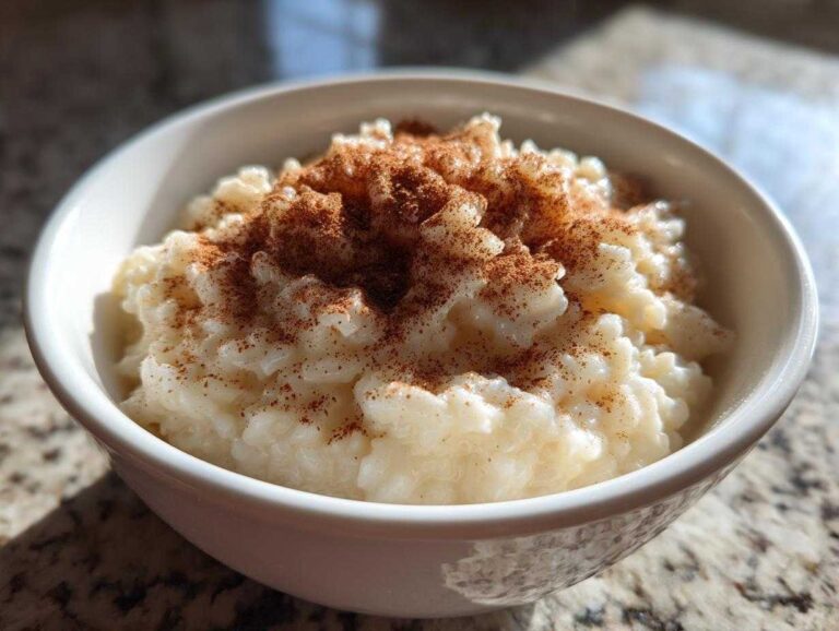 A close-up of a white bowl filled with creamy rice pudding recipe, generously dusted with cinnamon.