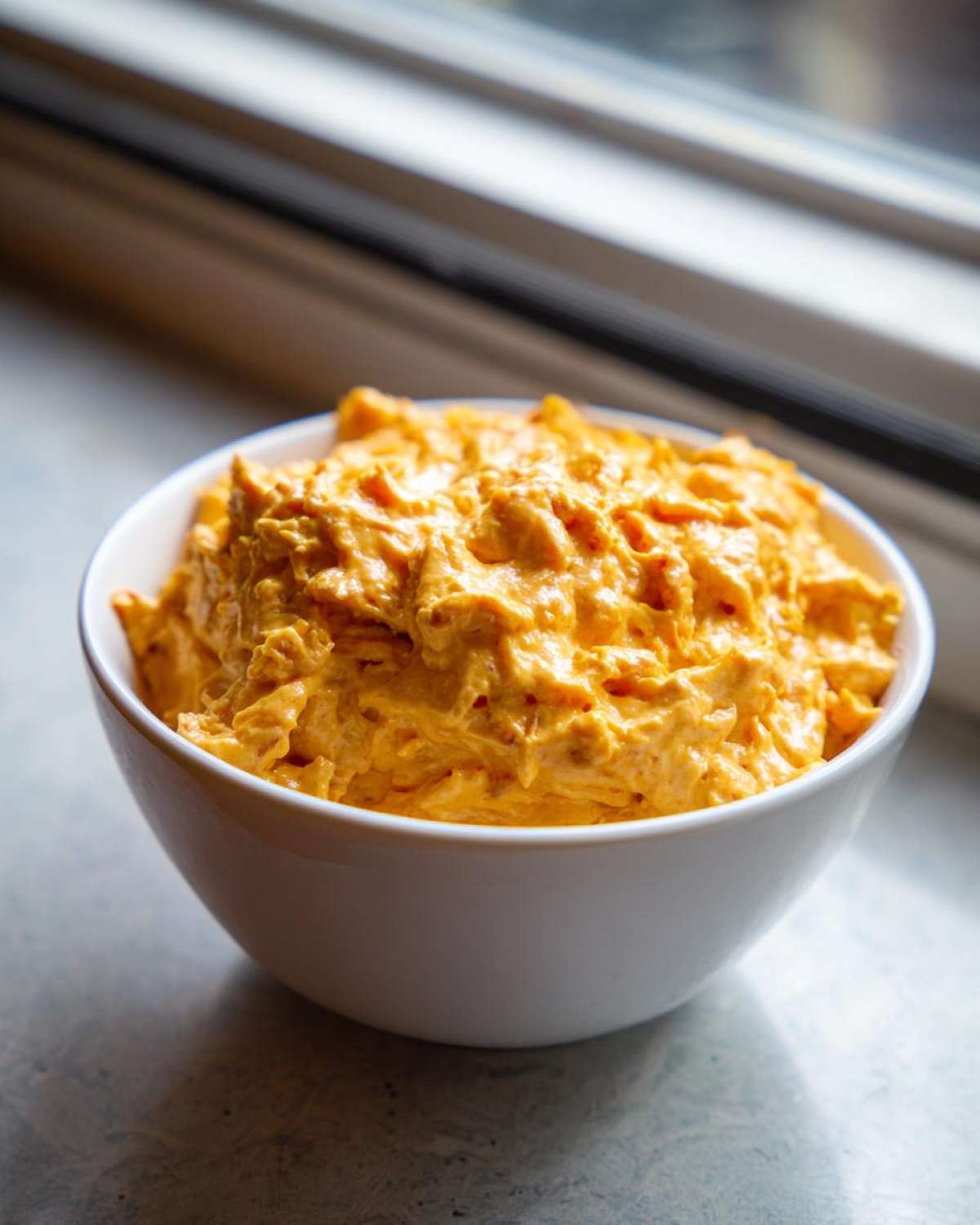 A close-up of creamy, orange Rotel dip served in a simple white bowl near a window.