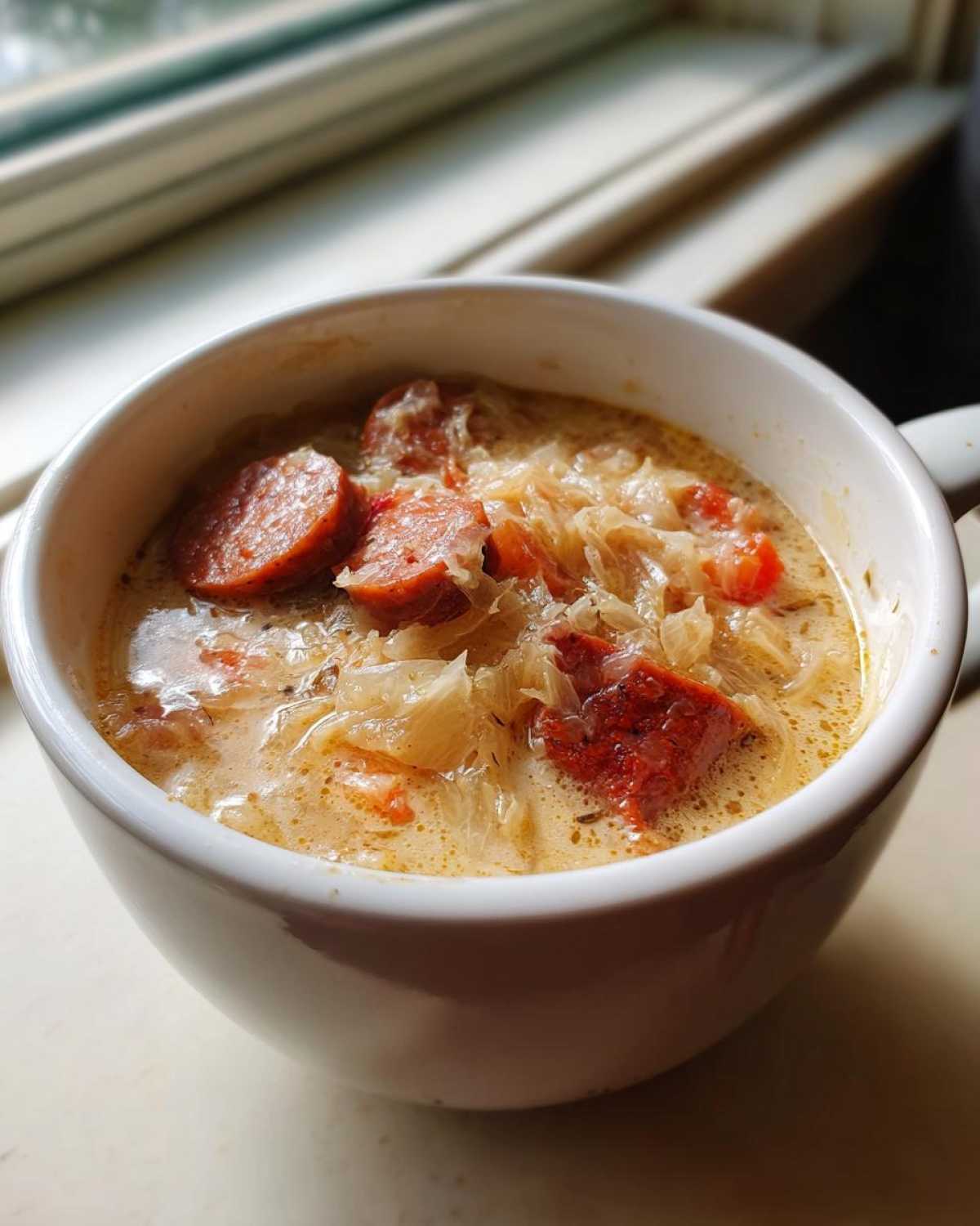 Close-up of a creamy sauerkraut soup loaded with chunks of smoked sausage, served in a white mug near a window.