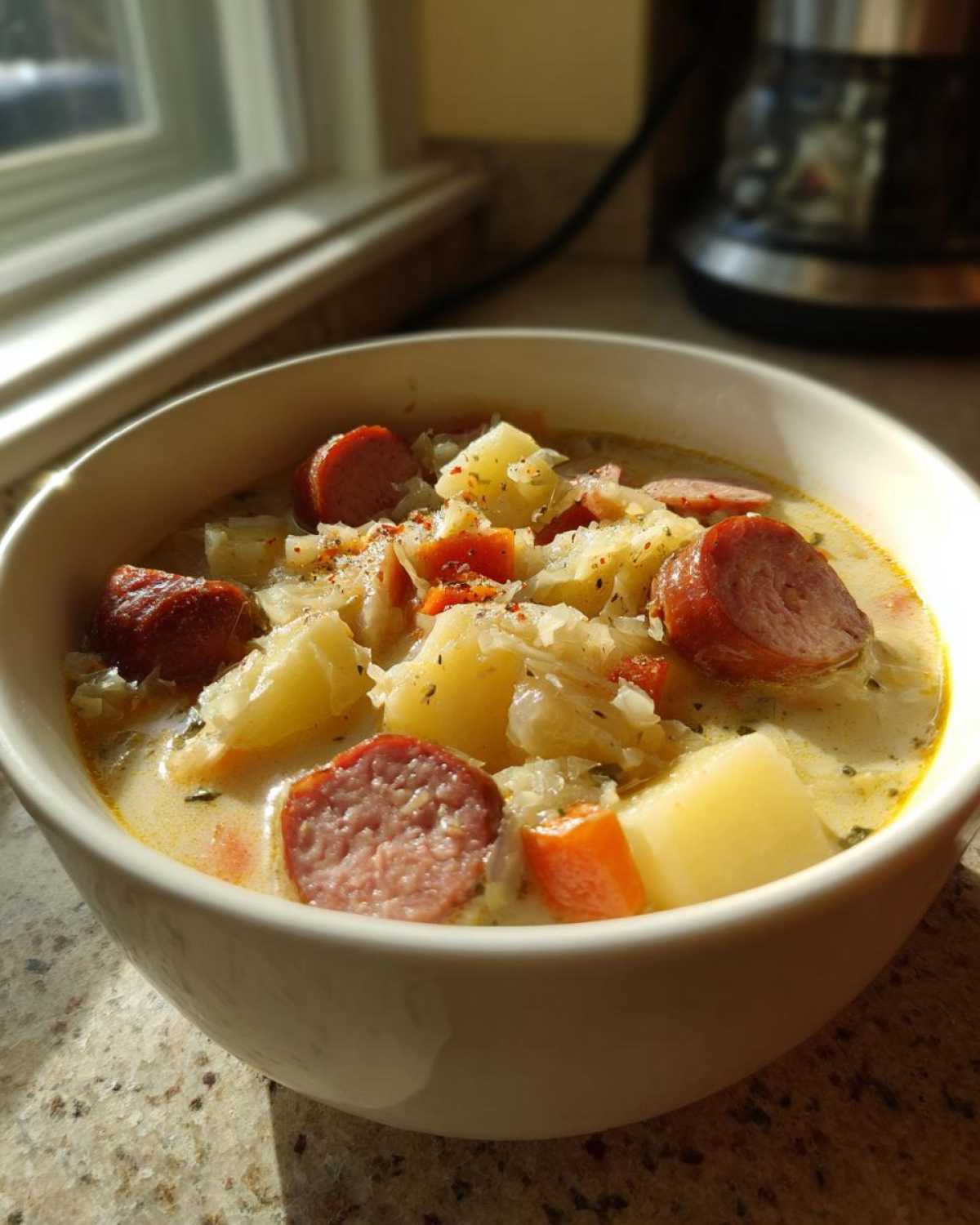Close-up of a white bowl filled with creamy sauerkraut soup, featuring chunks of potato, carrots, and sliced smoked sausage.