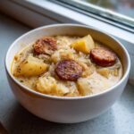 A close-up of a bowl of creamy sauerkraut soup featuring chunks of potato and slices of browned sausage.