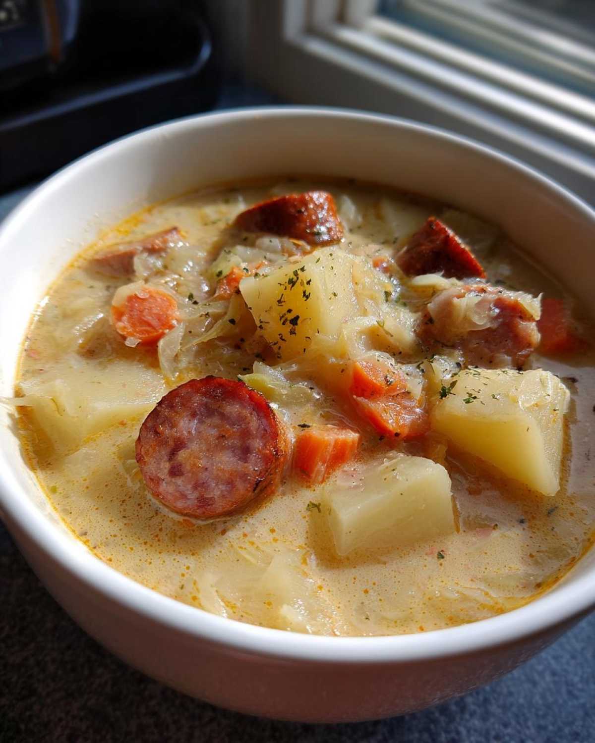 Close-up of a hearty bowl of creamy sauerkraut soup featuring chunks of potato, carrot, and sliced smoked sausage.