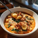 A spoonful of creamy sausage gnocchi soup, showing plump gnocchi, crumbled sausage, and spinach, lifted from a white bowl.