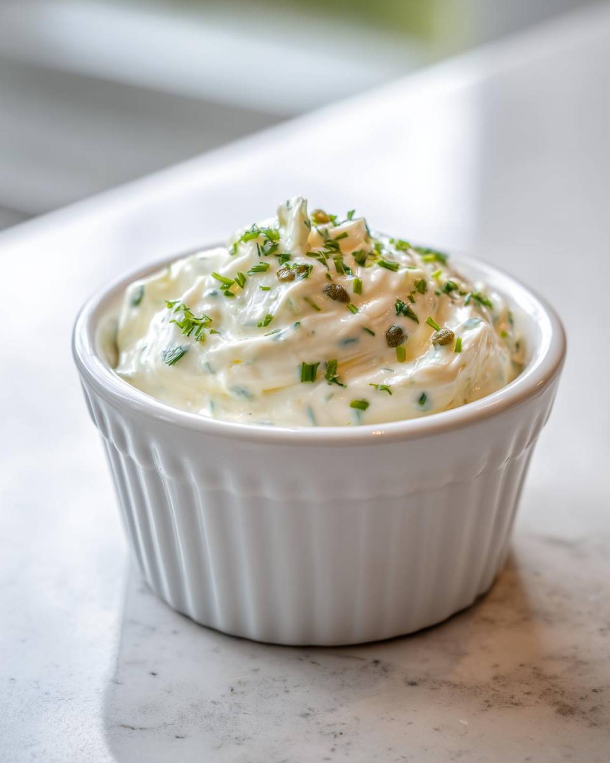 Close-up of creamy homemade tartar sauce recipe topped with chopped chives and capers in a white ribbed bowl.