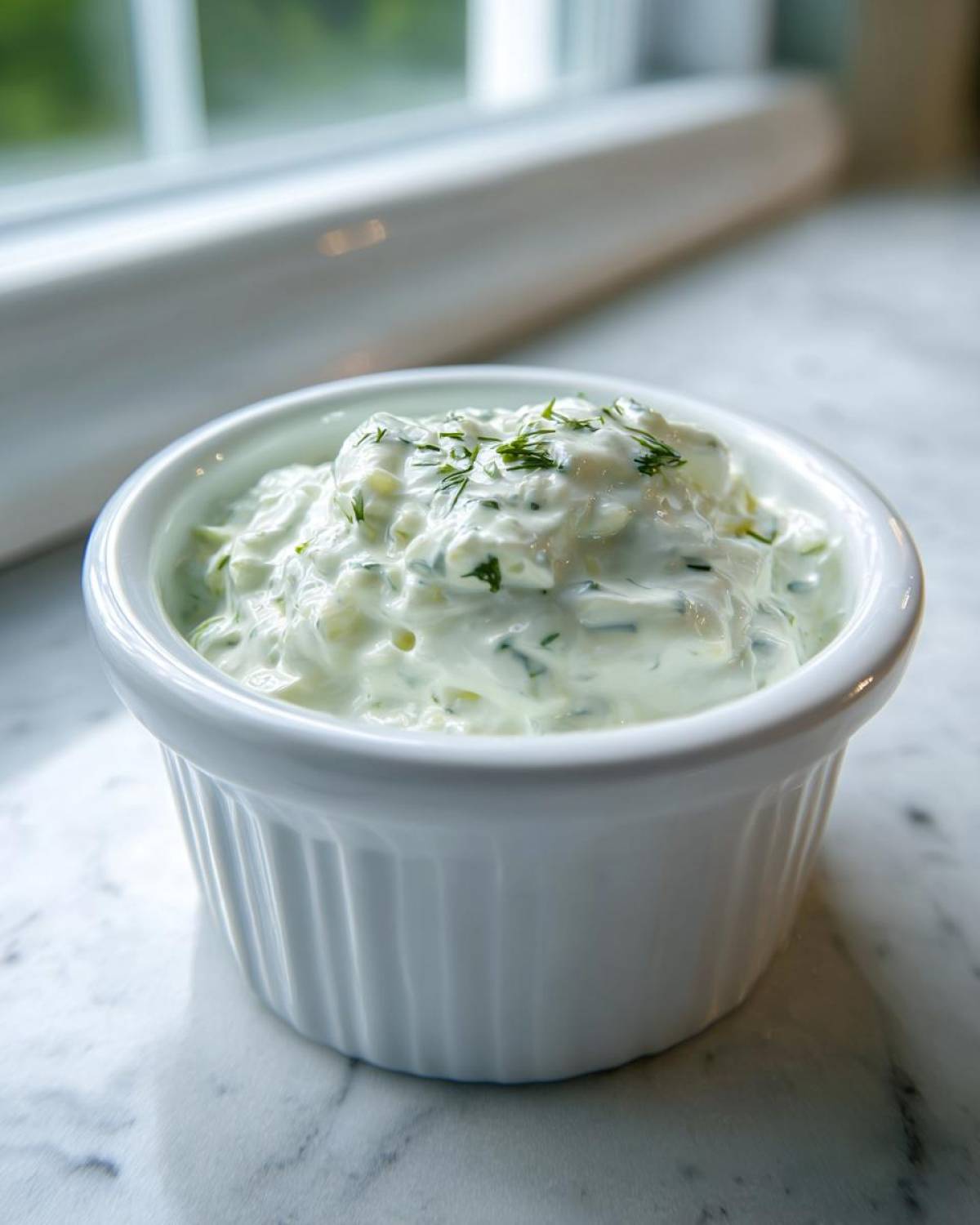 Close-up of creamy, chunky tartar sauce recipe garnished with fresh dill in a white fluted ramekin.