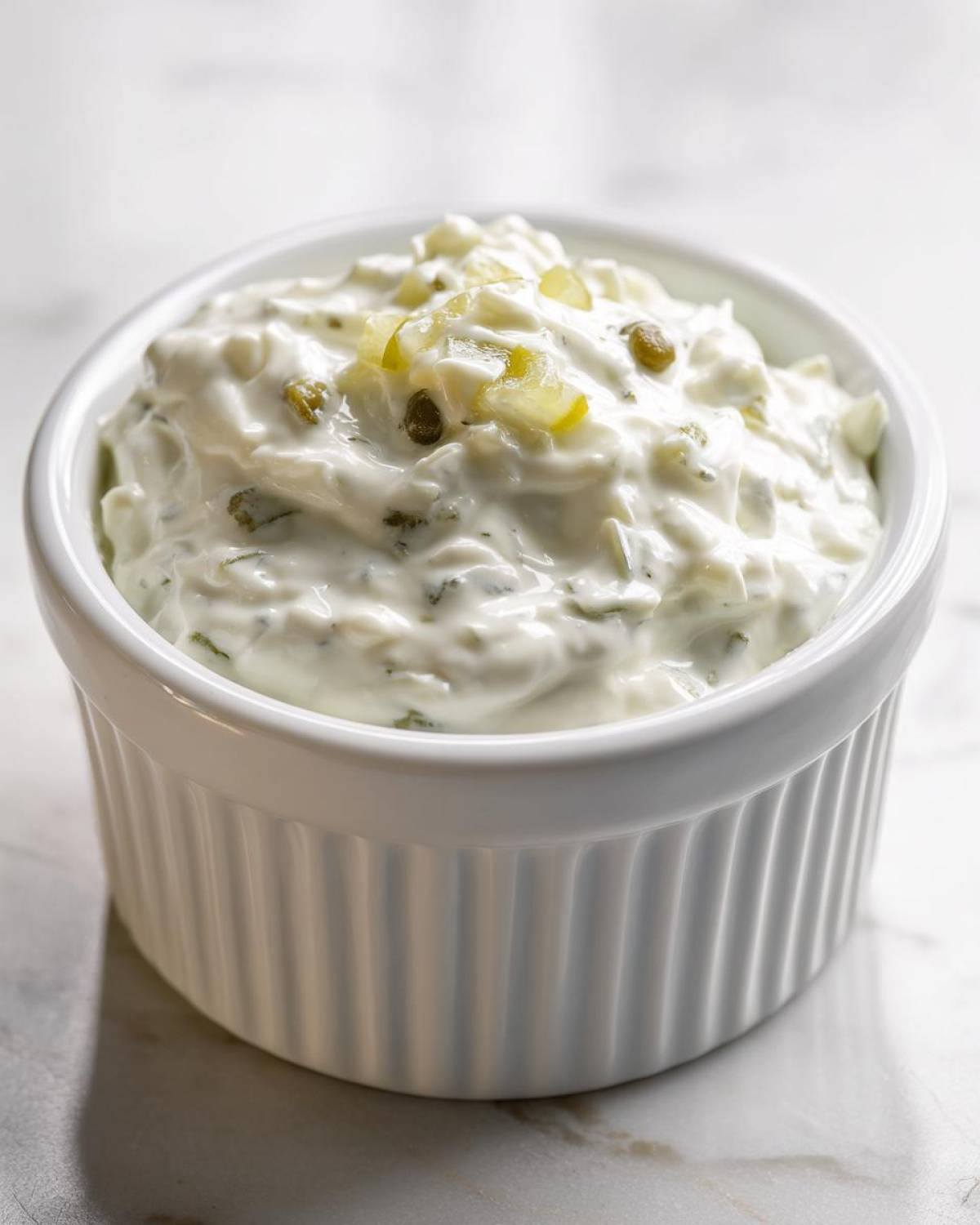 Close-up of a white ramekin filled with creamy tartar sauce recipe, showing visible chunks of pickles and capers.