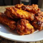 A close-up of several golden-brown, seasoned crispy air fryer chicken wings piled high on a white plate.
