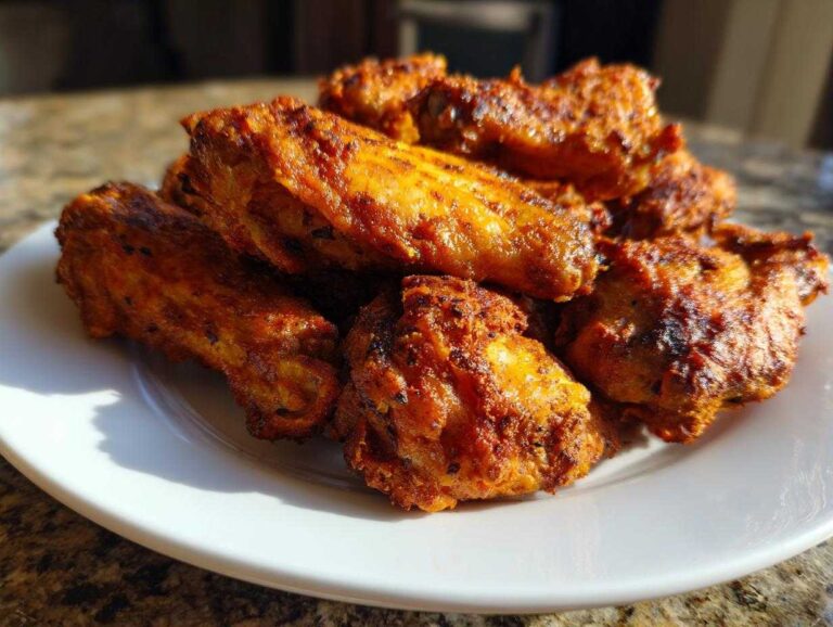 A close-up of several golden-brown, seasoned crispy air fryer chicken wings piled high on a white plate.