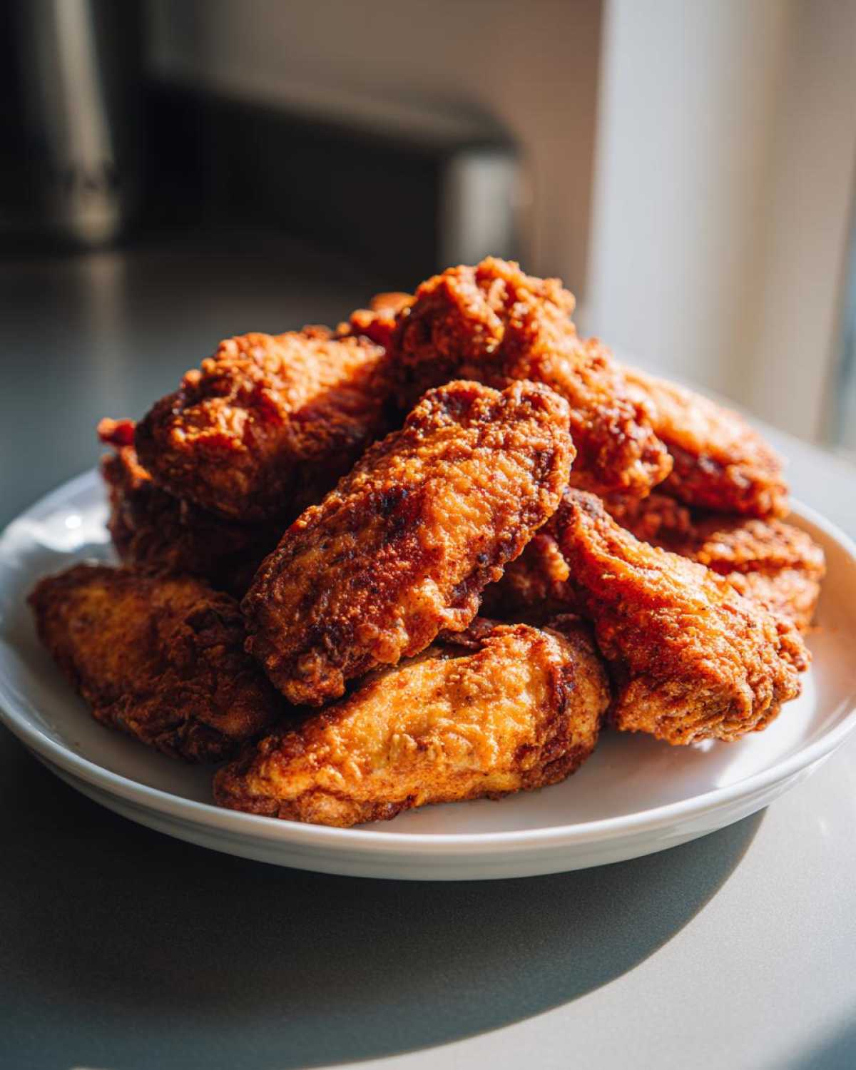 A mound of golden-brown, crispy air fryer chicken wings piled high on a white plate, catching bright sunlight.