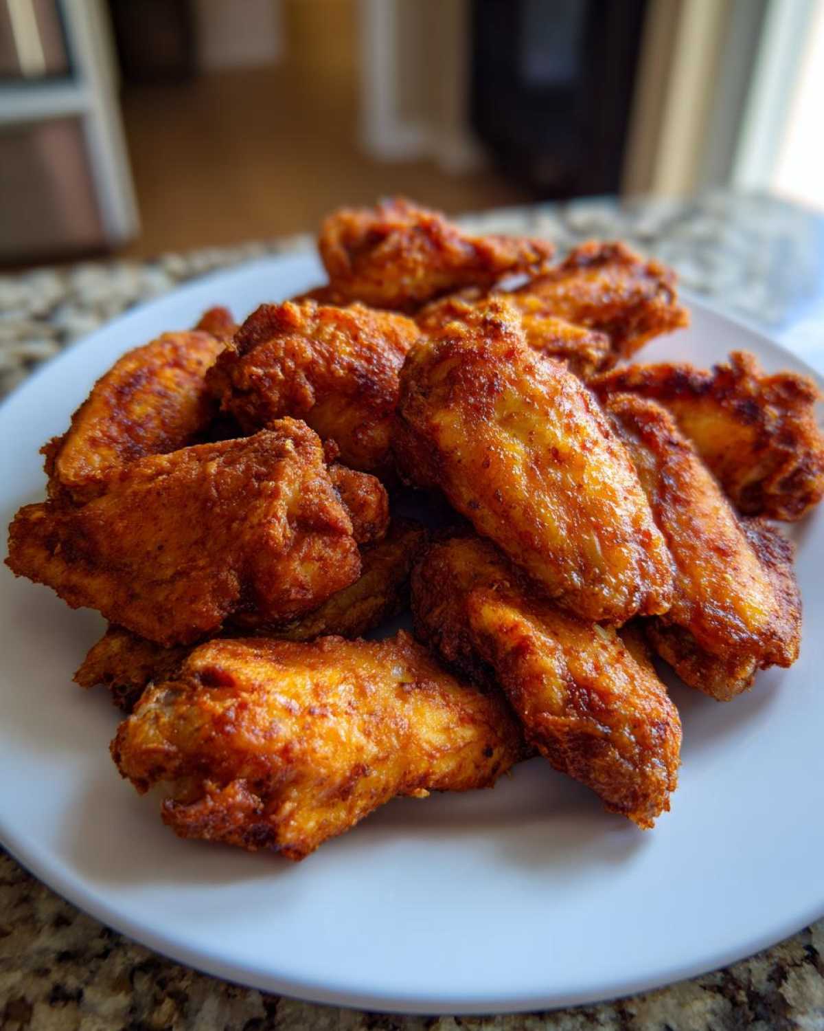 A pile of perfectly golden and crispy air fryer chicken wings seasoned with spices, served on a white plate.