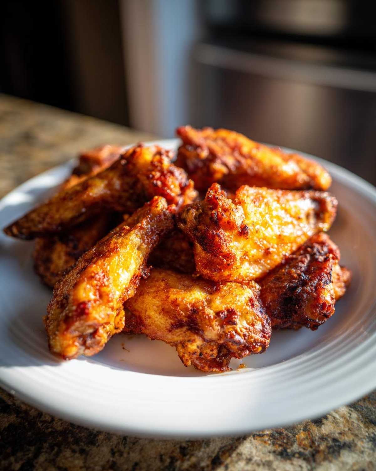A close-up of perfectly cooked, golden-brown crispy air fryer chicken wings piled on a white plate.