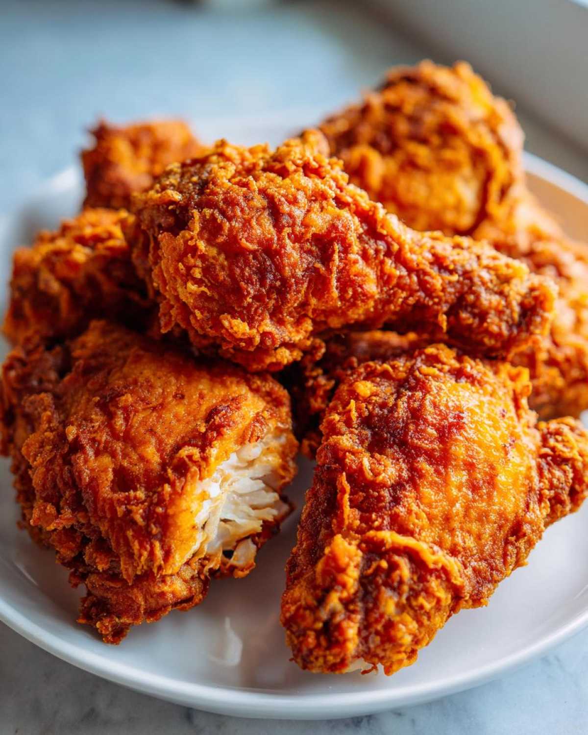 A close-up of several pieces of golden brown, crispy air fryer fried chicken piled on a white plate, showing the juicy white meat inside one piece.