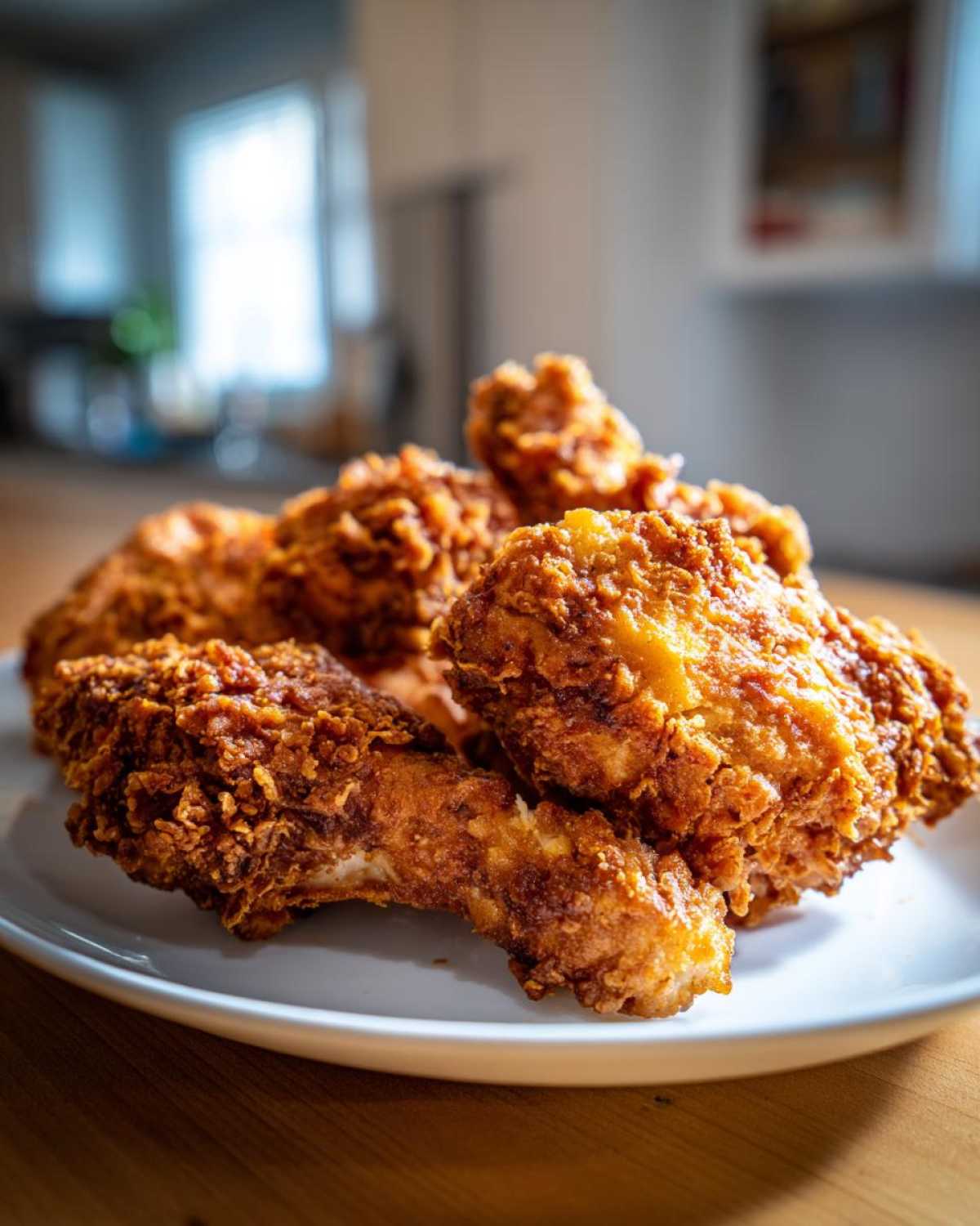 Close-up of several pieces of golden-brown, crispy air fryer fried chicken stacked on a white plate.