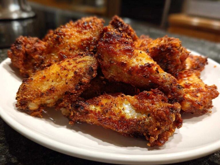 A close-up of several golden brown, seasoned, crispy baked chicken wings piled on a white plate.