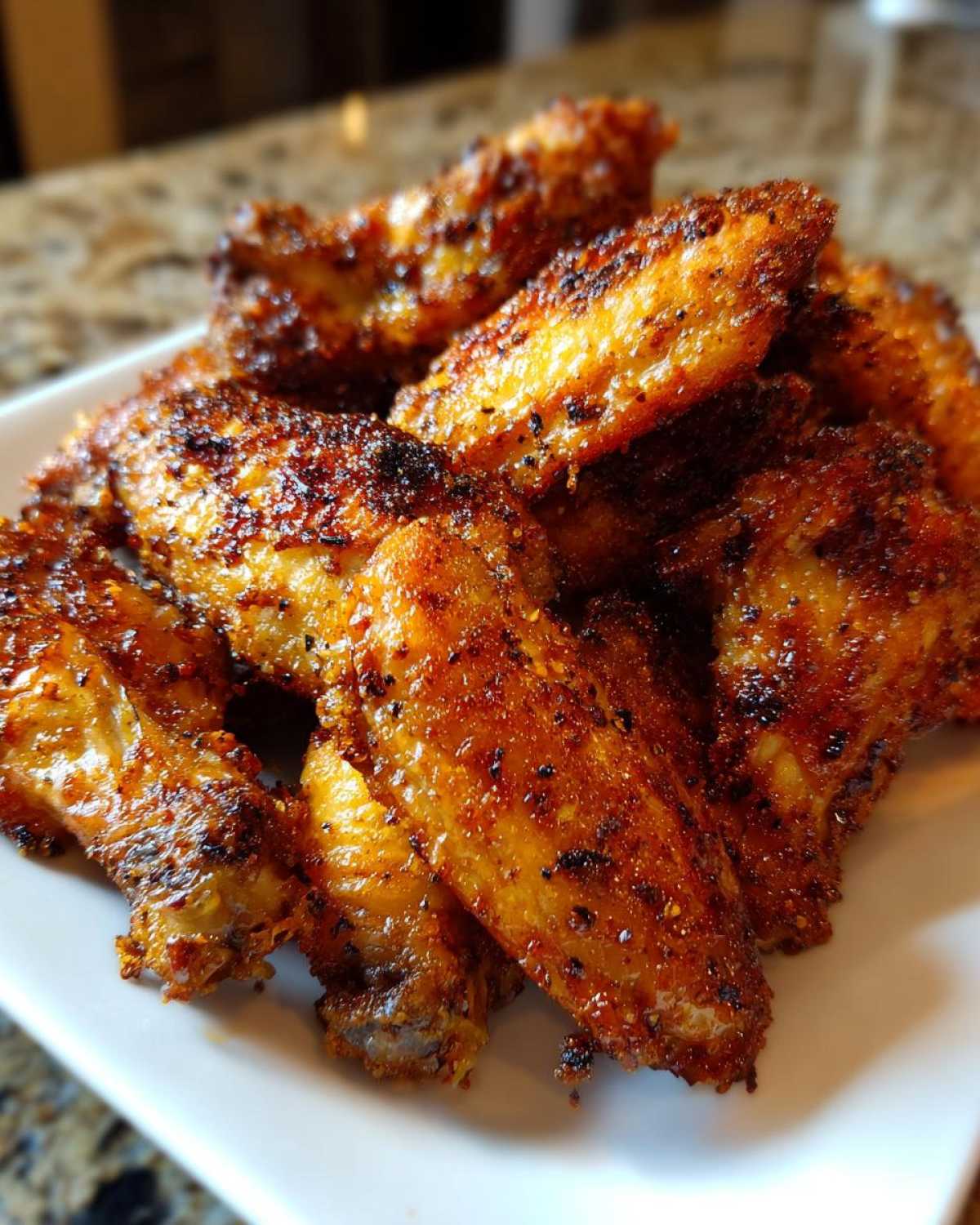 Close-up of a pile of perfectly seasoned and crispy baked chicken wings on a white serving dish.