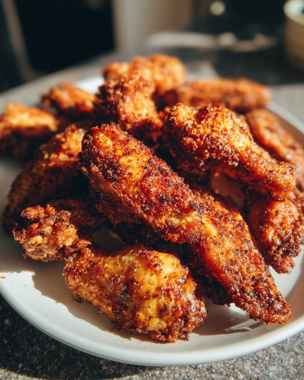 Close-up of a pile of golden brown, perfectly seasoned crispy baked chicken wings on a white plate.