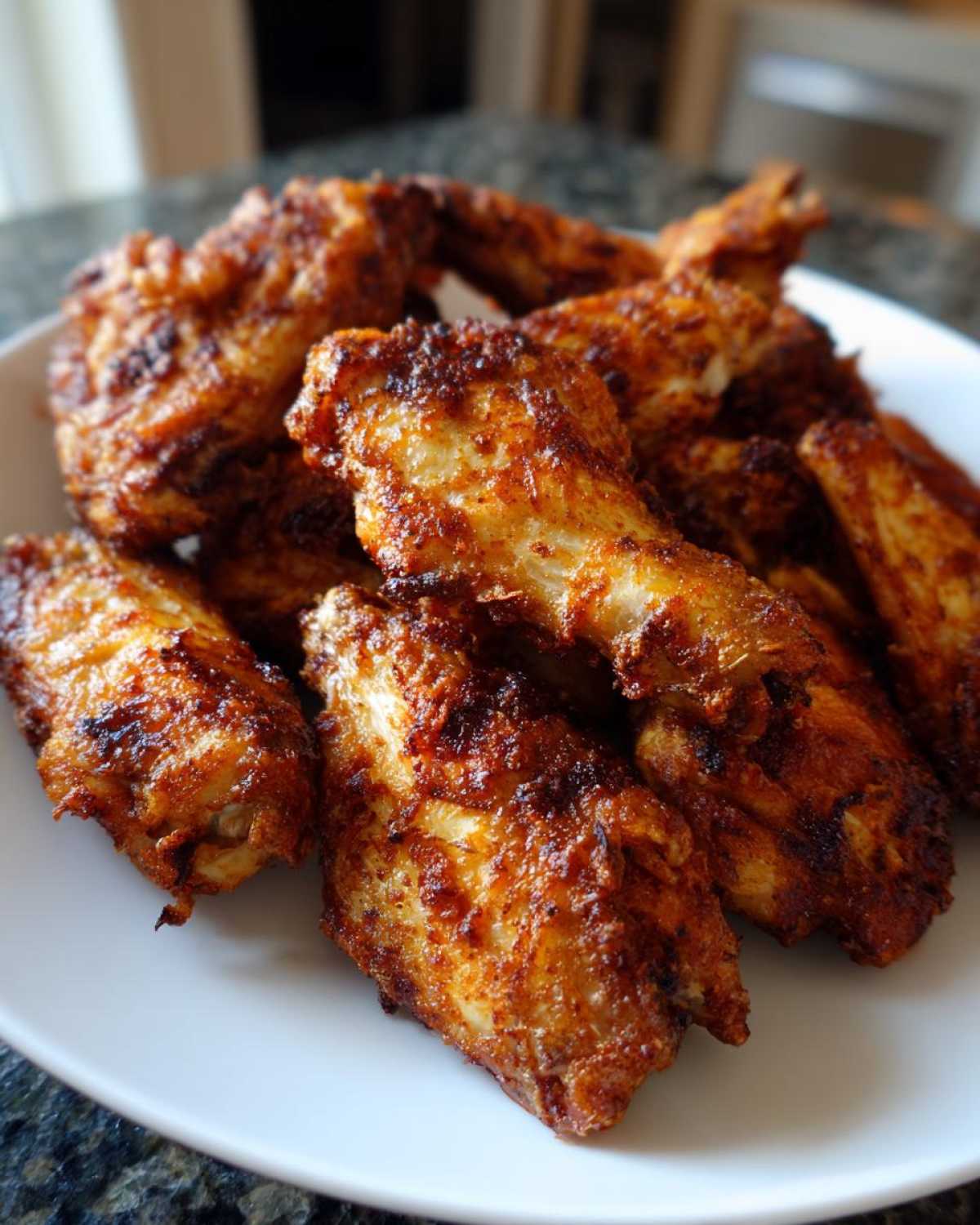 A pile of golden-brown, seasoned, crispy baked chicken wings served on a white plate.