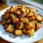 A mound of crispy, golden-brown breakfast potatoes seasoned with spices and garnished with fresh parsley.
