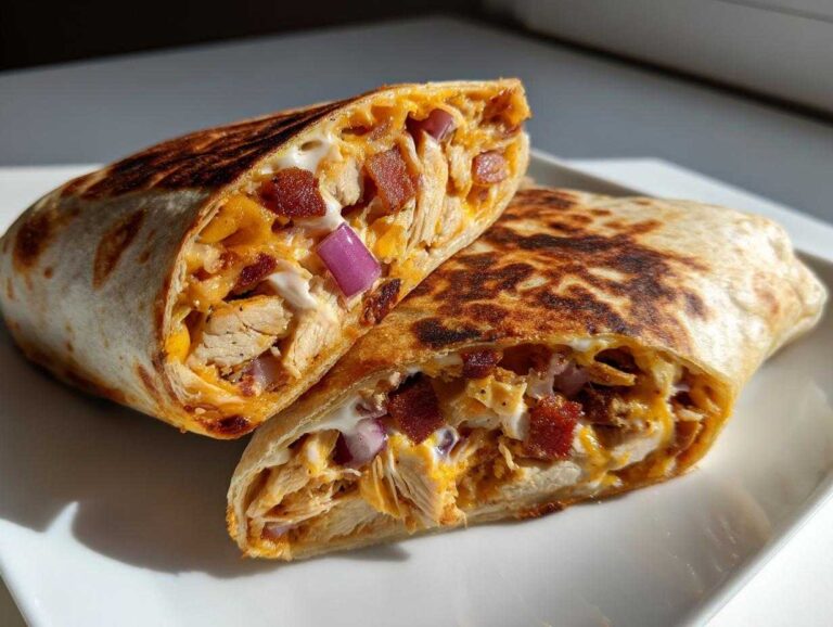 A crispy chicken bacon ranch wrap cut in half, showing shredded chicken, bacon, cheese, and ranch dressing.