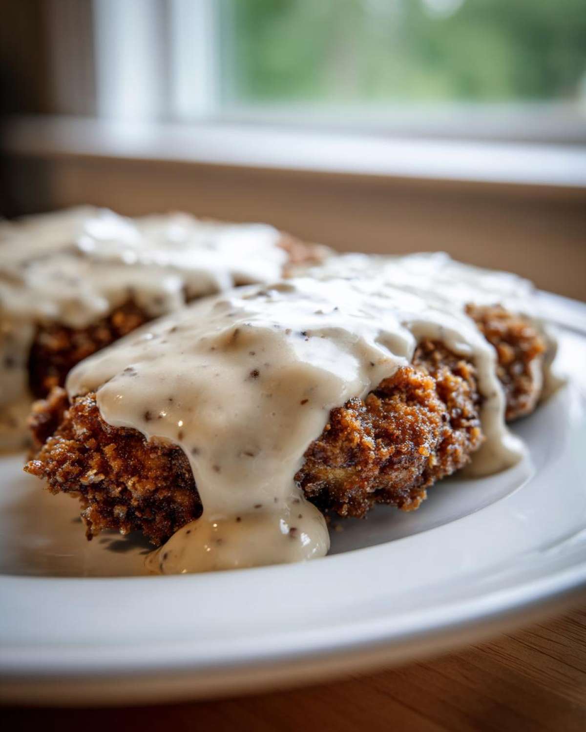 Close-up of crispy, golden brown chicken fried steak smothered in thick, peppered white gravy.