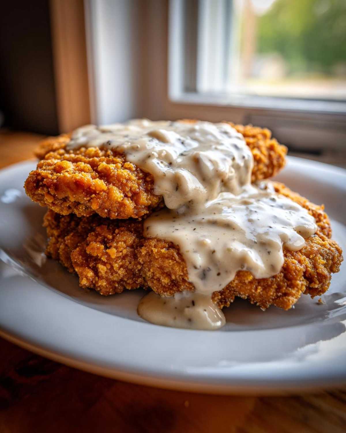 Two pieces of golden, crispy chicken fried steak stacked and smothered in creamy black pepper gravy.