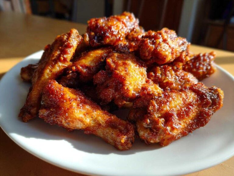 A pile of perfectly crispy, glazed chicken wing pieces served on a white plate under bright light.