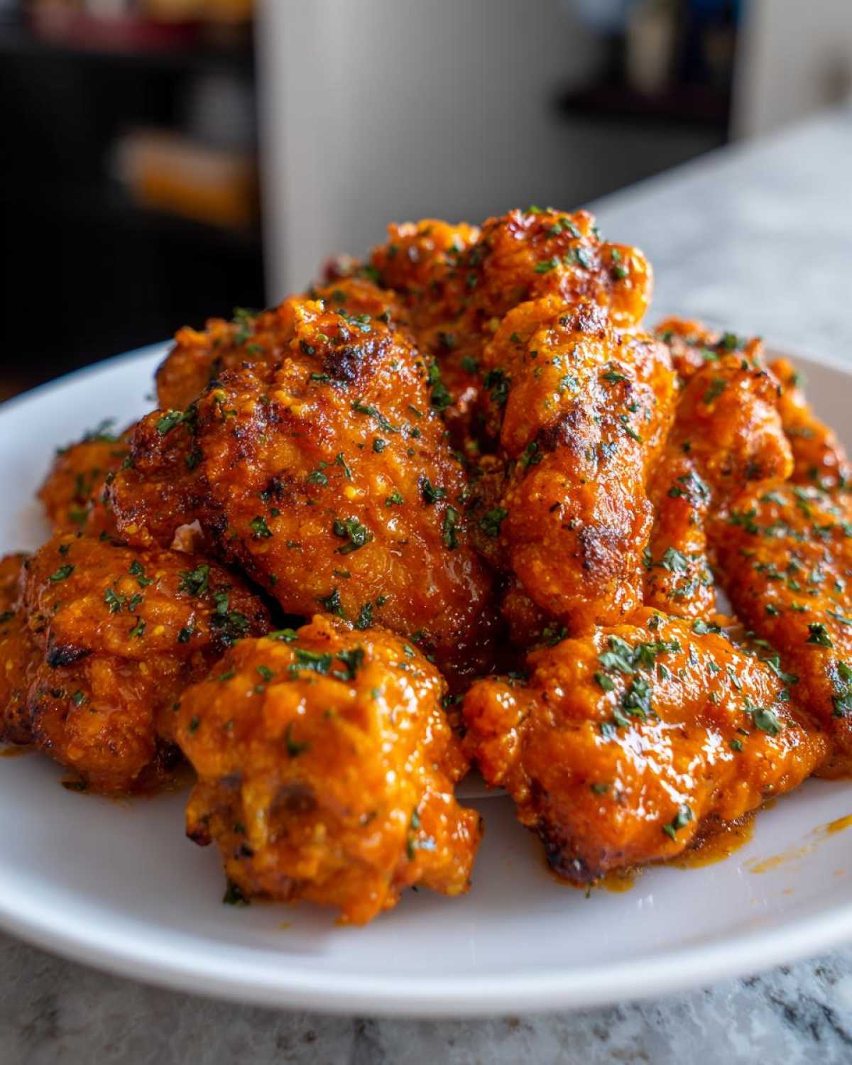 A pile of glossy, orange-glazed crispy chicken wings sprinkled with fresh parsley on a white plate.