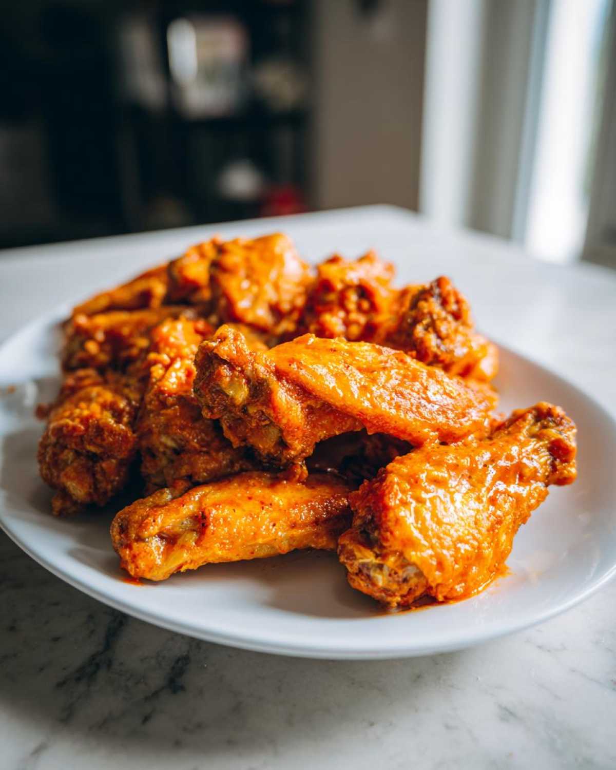 A plate piled high with saucy, crispy chicken wings, perfect for a no-fry recipe.
