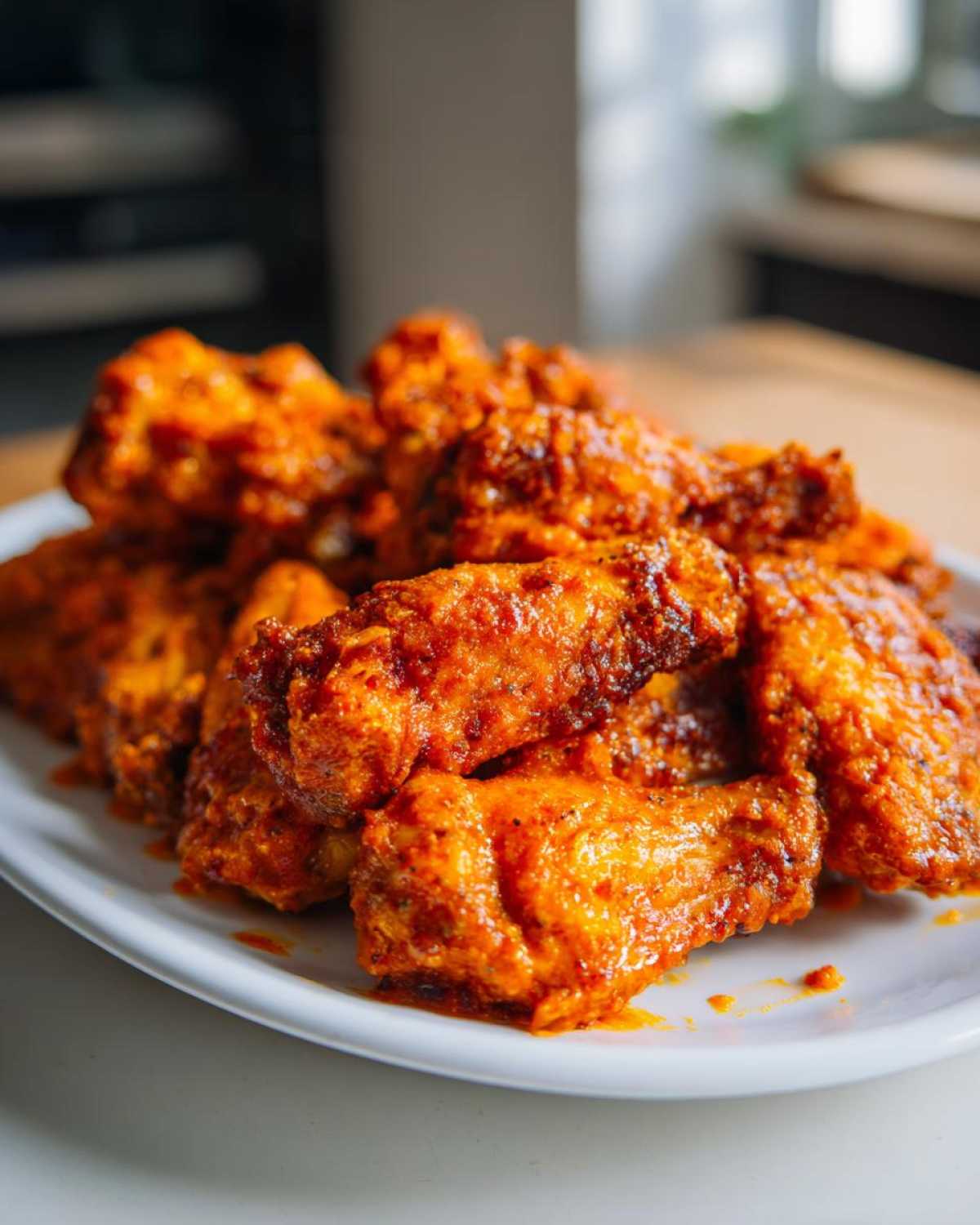 A pile of glossy, bright orange, crispy chicken wings served on a white platter.