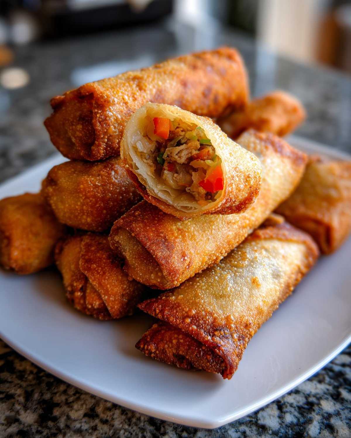 A stack of golden brown, crispy fried egg roll pieces, with one cut open showing the vegetable and meat filling.