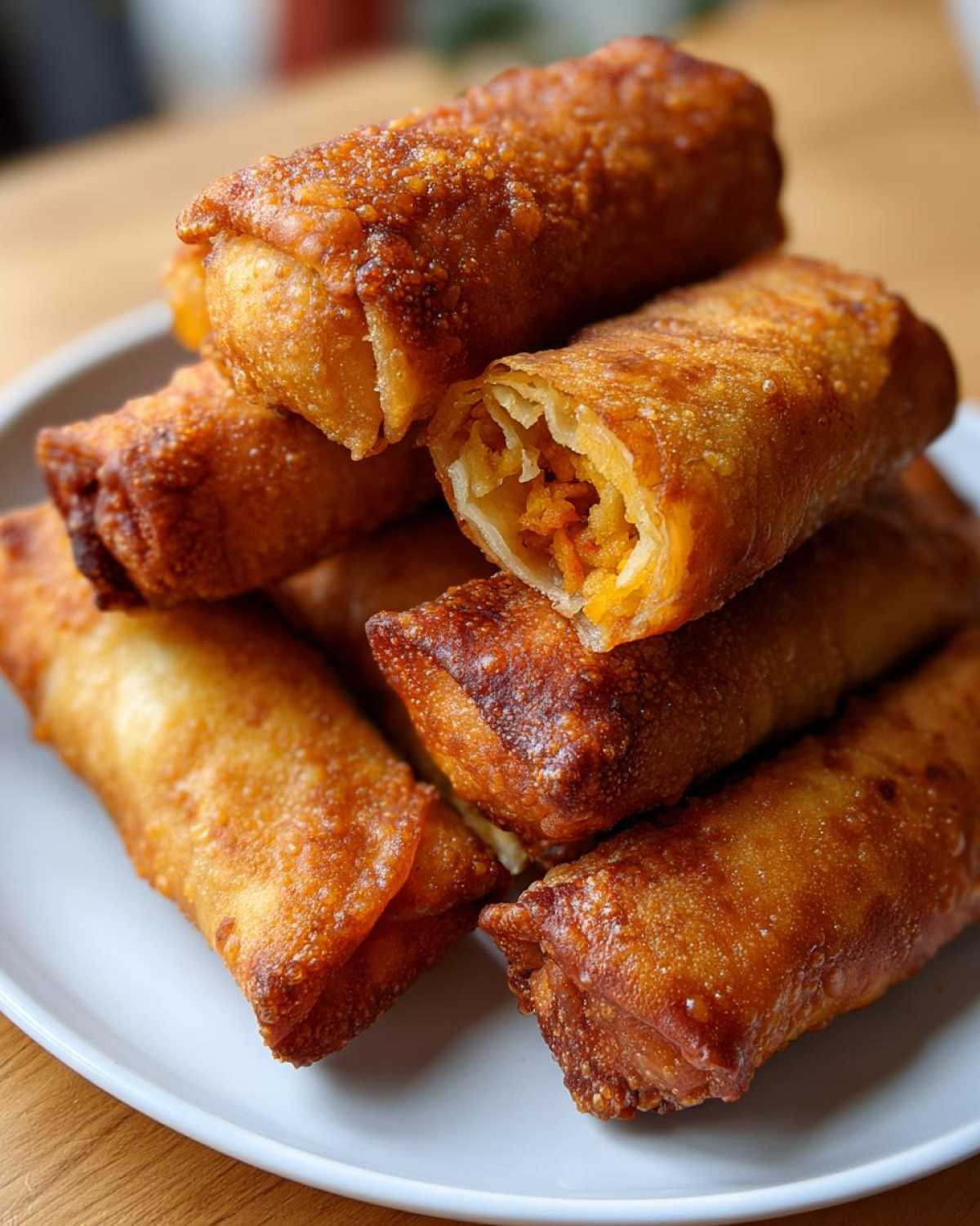 A stack of golden brown, crispy fried egg roll appetizers, one cut open to show the vegetable filling.