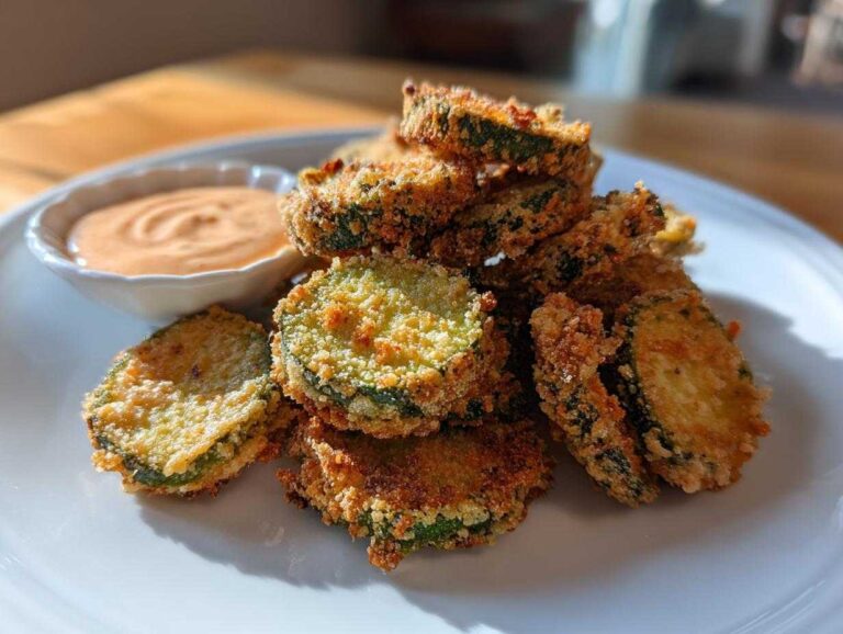 A pile of golden brown, crispy fried pickles served on a white plate next to a small bowl of creamy dipping sauce.