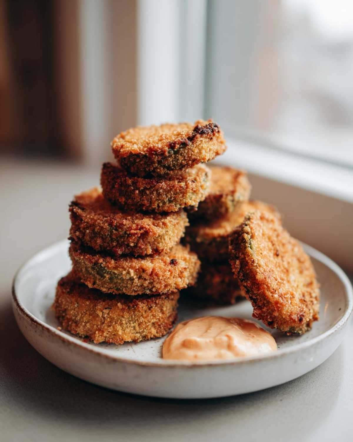 A stack of golden brown, crispy Fried Pickles served on a white plate next to a dollop of creamy dipping sauce.
