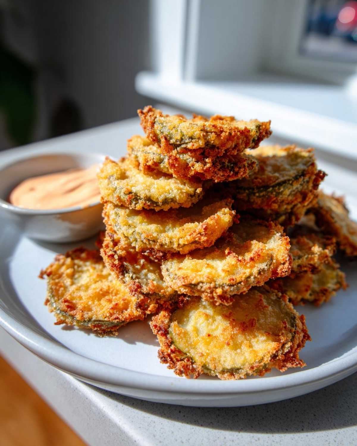 A tall stack of golden brown, crispy Fried Pickles served on a white plate next to a small bowl of orange dipping sauce.