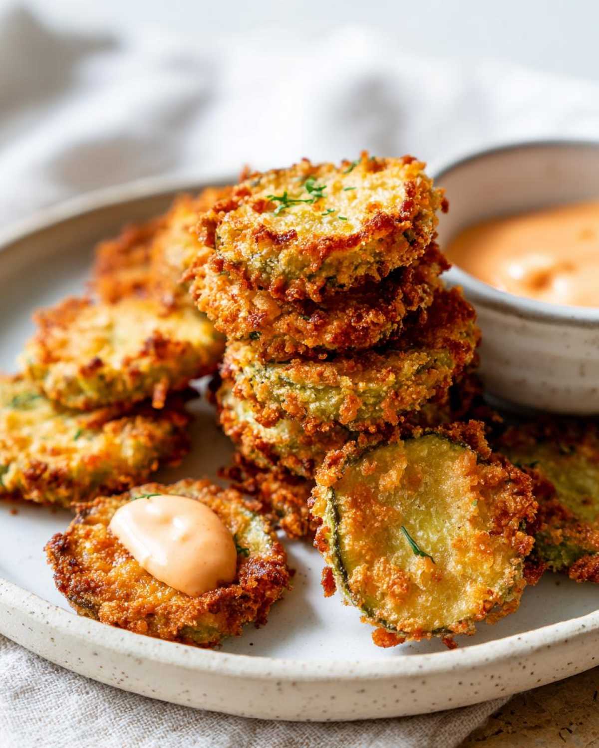A stack of golden brown, crispy Fried Pickles served on a light-colored plate with a side of dipping sauce.