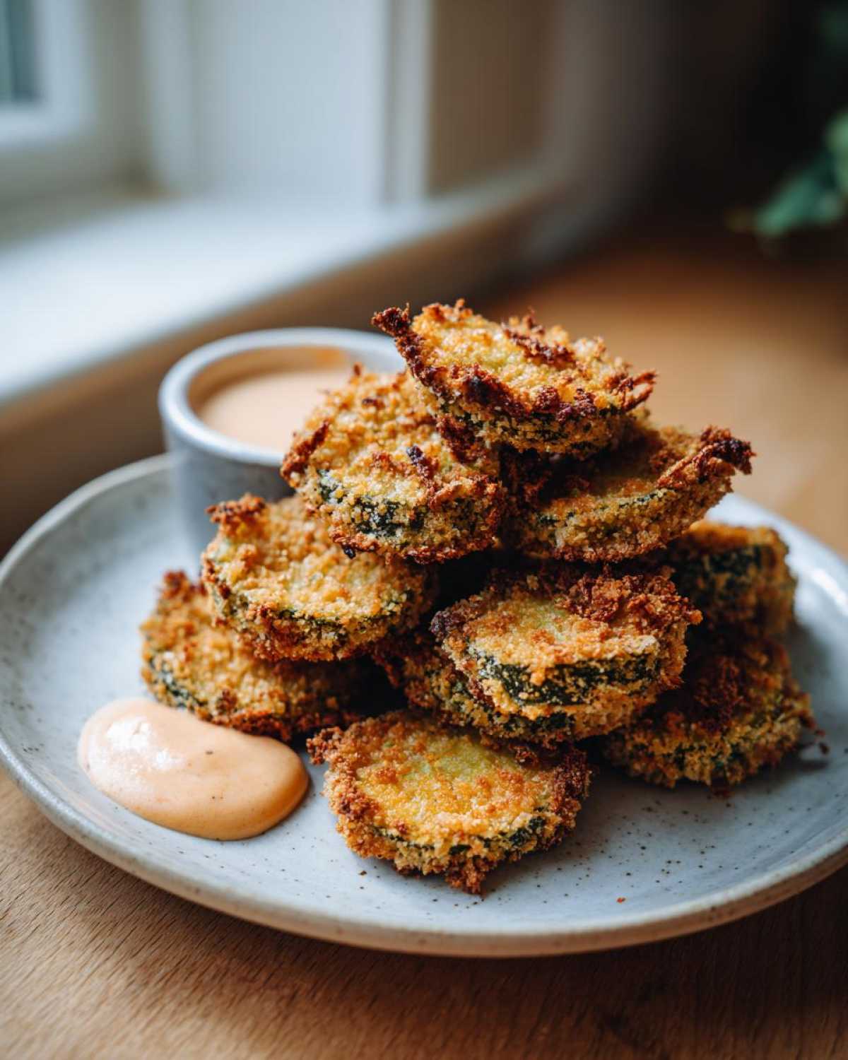 A tall stack of golden brown, crispy Fried Pickles served on a speckled plate with a side of creamy dipping sauce.