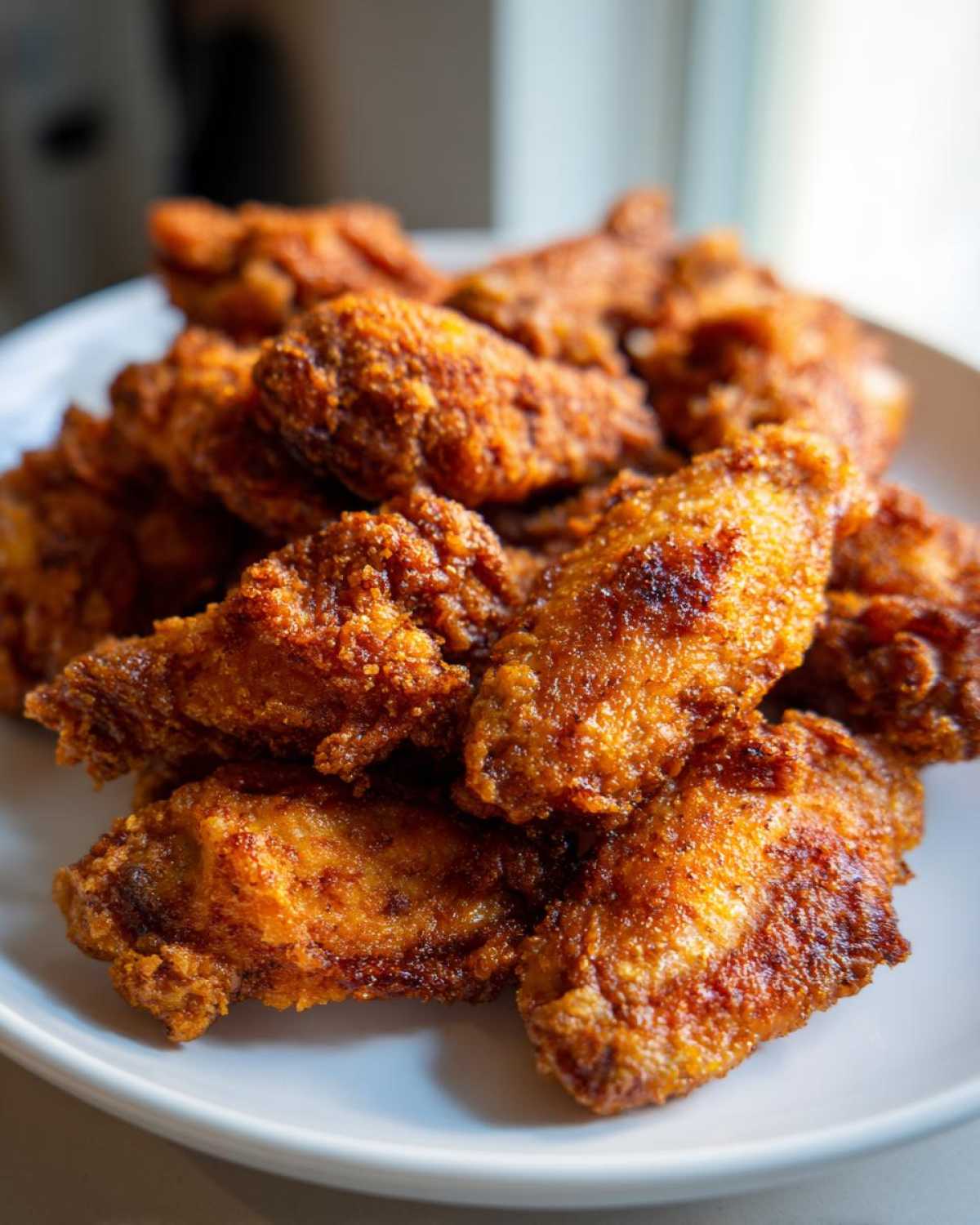 A close-up shot of a pile of perfectly crispy, golden-brown chicken wing pieces served on a white plate.