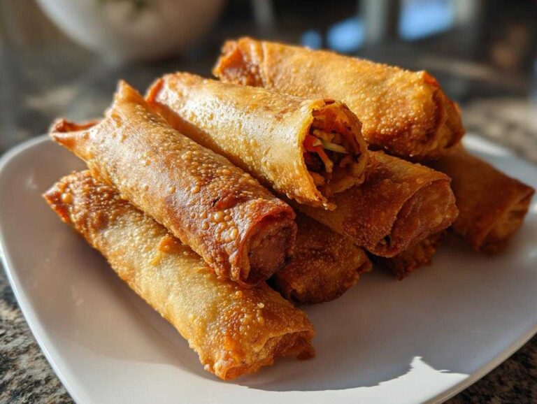 A stack of golden brown, crispy fried egg roll appetizers piled on a white plate.