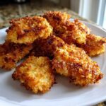 A close-up photo of several golden-brown, crispy homemade chicken nuggets piled on a white plate.