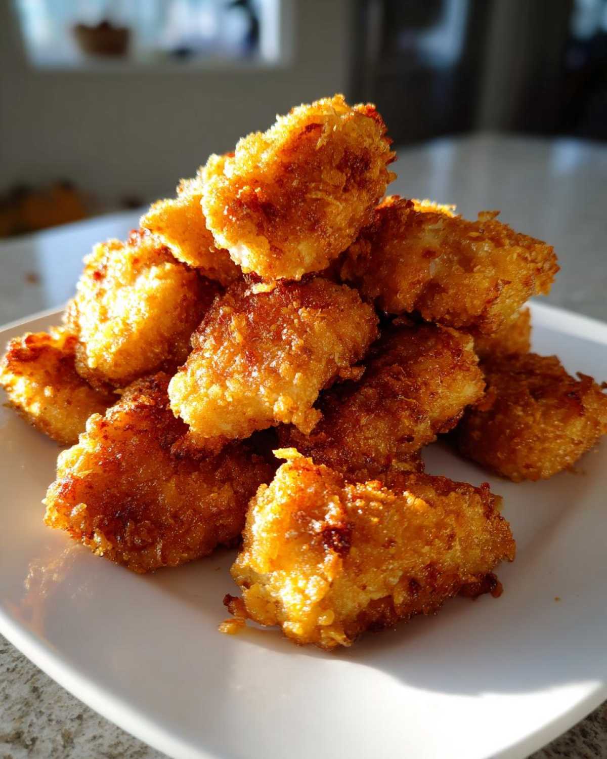 A stack of golden brown, crispy homemade chicken nuggets piled high on a bright white plate.