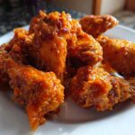 Close-up of several crispy, saucy orange chicken wings piled on a white plate.