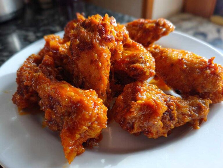 5 Amazing Crispy chicken wings No Fry Close-up of several crispy, saucy orange chicken wings piled on a white plate.