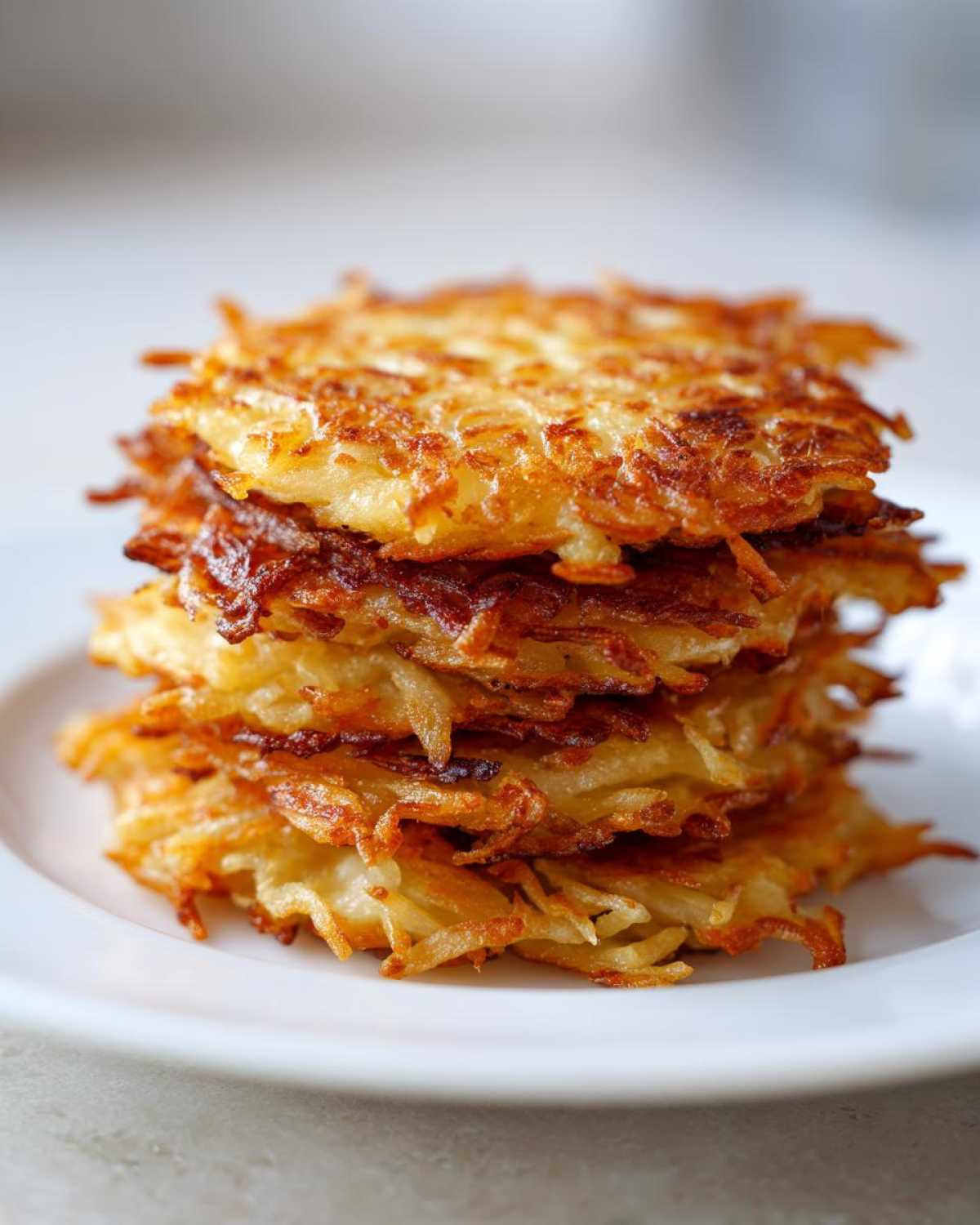 A tall stack of five golden-brown, crispy potato pancakes served on a white plate.