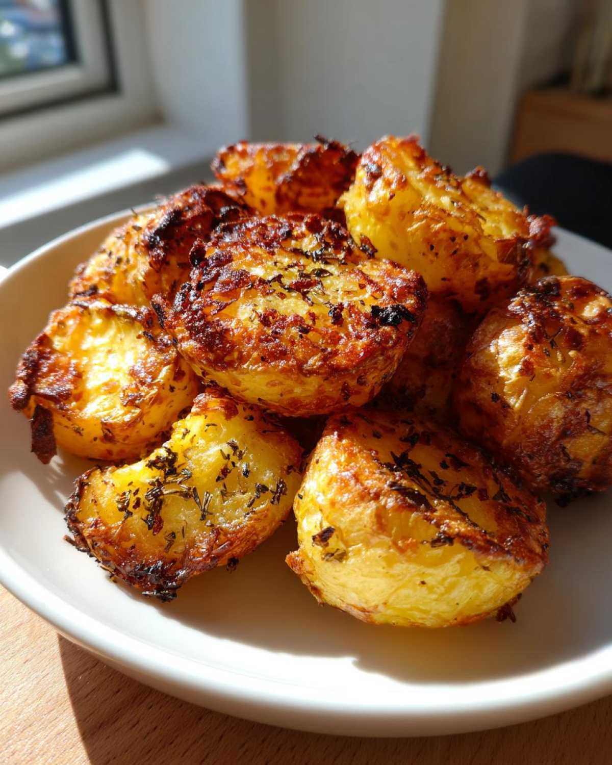 Close-up of golden brown, crispy roast potatoes seasoned with herbs served in a white bowl.