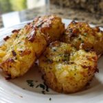 Four golden brown, crispy roast potatoes sprinkled with green herbs served on a white plate.