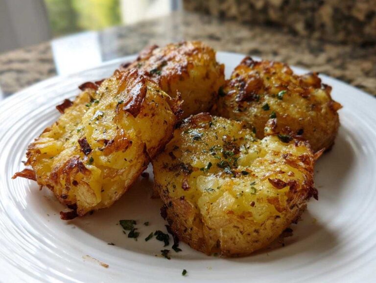 Four golden brown, crispy roast potatoes sprinkled with green herbs served on a white plate.