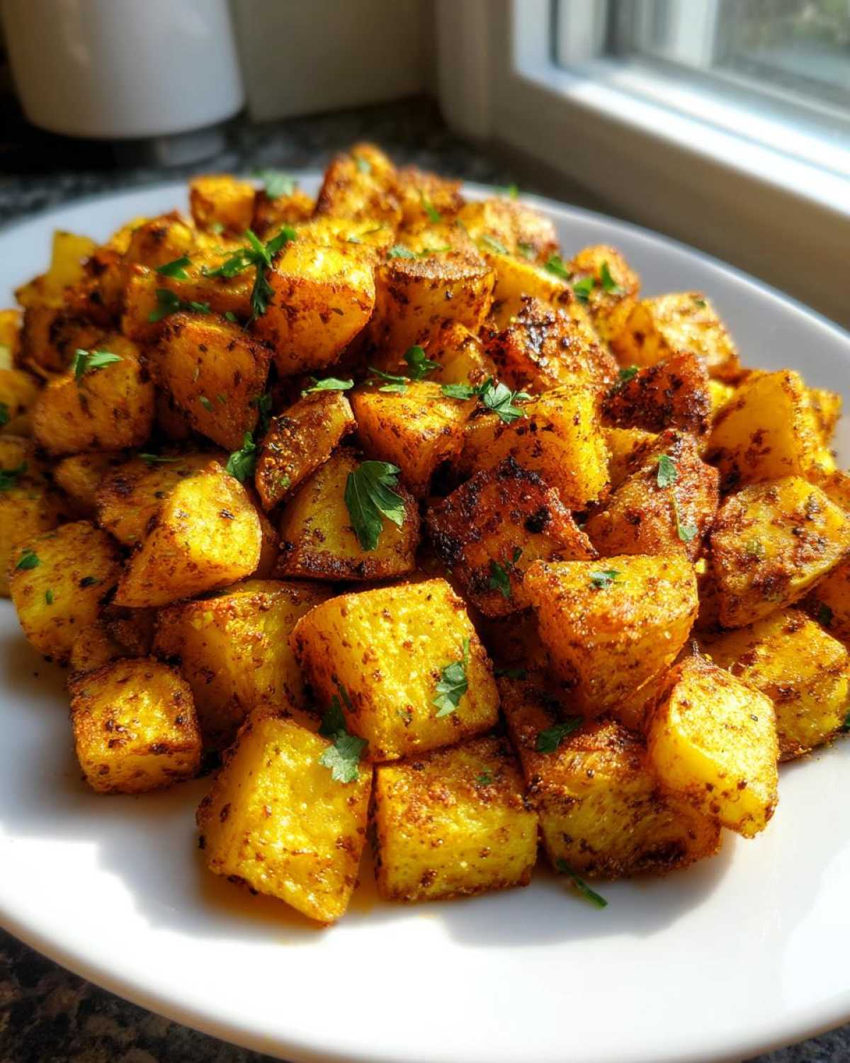 Close-up of perfectly crispy, golden-brown seasoned breakfast potatoes garnished with fresh parsley.